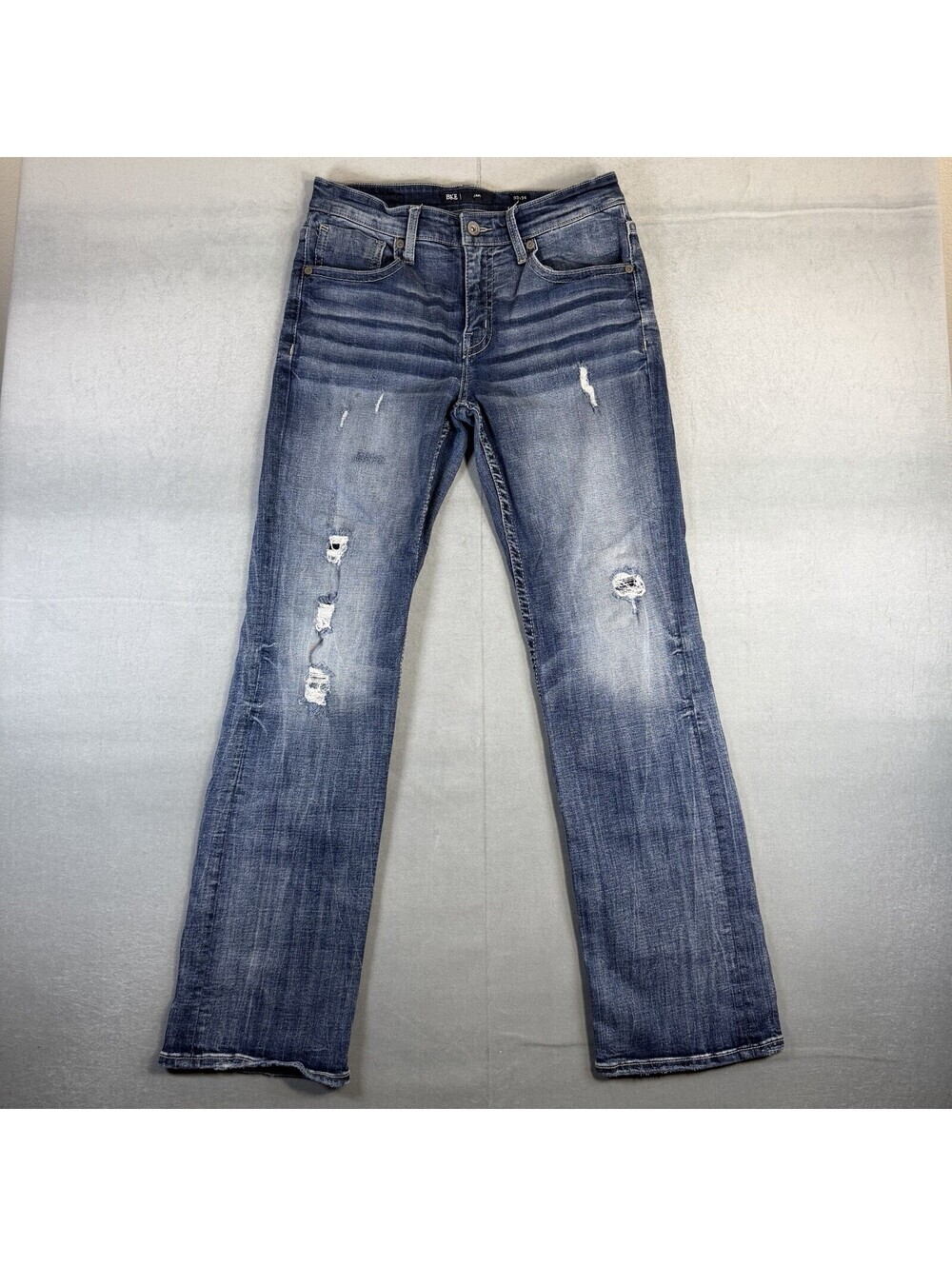 BKE Jake Jeans Mens 33x34 Blue Medium Wash Straight Distressed Stretch Denim